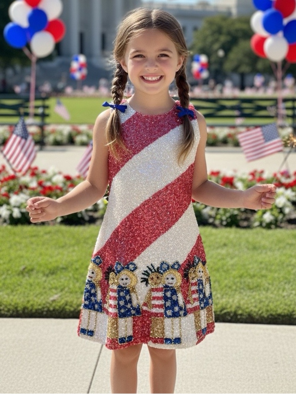 Patriotic Red and White‎ Girls' Sleeveless hand beaded Dress.  Stretch well-made